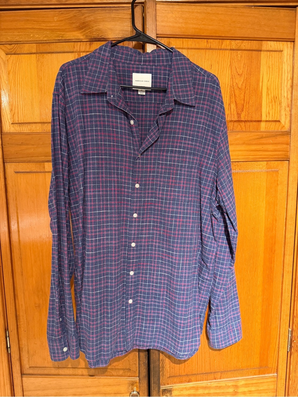 American Eagle Outfitters Navy and Pink Plaid Button-Down Shirt